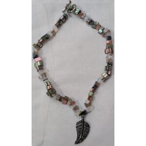 Boho Beaded Necklace Palm Leaf Pendant Crystal Accents 17" EUC Statement Jewelry